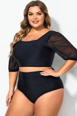 Square Neck Short Mesh Puff Sleeve Bikini Top