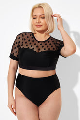 Black Mesh Polka Dot Short Sleeve Bikini Top