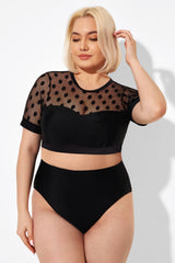 Black Mesh Polka Dot Short Sleeve Bikini Top