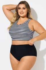Round Neck Black & White Striped Criss Cross Bikini Top