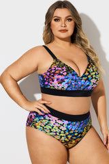 Plus Size V-Neck Neon Leopard Print Bikini Top