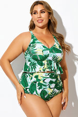 Green Floral Print V-Neck Ruffle Trim Bikini Top