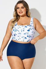 Blue & White Square Neck Floral Print Bikini Top