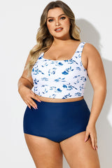 Blue & White Square Neck Floral Print Bikini Top