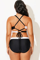Plus Size Black And White Adjustable Tie-Back Bikini Top
