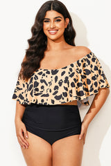 Leopard Print Ruffle Off Shoulder Bikini Top