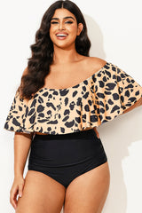 Leopard Print Ruffle Off Shoulder Bikini Top