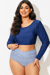 Navy Long Sleeves Round Neck Bikini Top