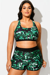 Green Leaf Print Round Neck Bikini Top