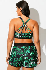 Green Leaf Print Round Neck Bikini Top
