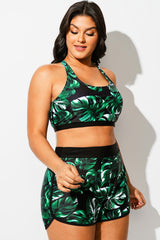 Green Leaf Print Round Neck Bikini Top
