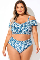 Blue Floral Print Off Shoulder Bikini Top