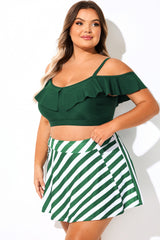 Solid Green V-Neck Off Shoulder Bikini Top