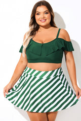 Solid Green V-Neck Off Shoulder Bikini Top
