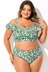 Off Shoulder Green Ditsy Floral Ruffle Bikini Top