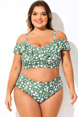 Off Shoulder Green Ditsy Floral Ruffle Bikini Top