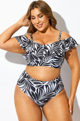 Off Shoulder Black & White Floral Ruffle Bikini Top