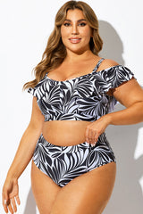 Off Shoulder Black & White Floral Ruffle Bikini Top