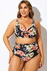 Black Floral Print Knot Ruched Bikini Top