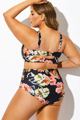 Black Floral Print Knot Ruched Bikini Top
