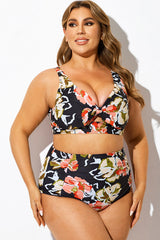 Black Floral Print Knot Ruched Bikini Top
