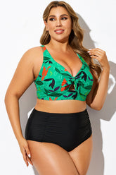 Colorful Leaf Print Knot V-Neck Bikini Top