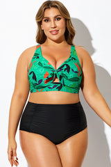 Colorful Leaf Print Knot V-Neck Bikini Top