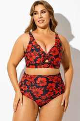 Red Floral Printed Front Tie Bikini Top