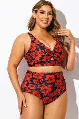 Red Floral Printed Front Tie Bikini Top