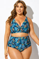 Blue Floral Print Knot Ruched Bikini Top
