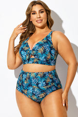 Blue Floral Print Knot Ruched Bikini Top