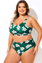 Green Floral Print Scoop Neck Bikini Top
