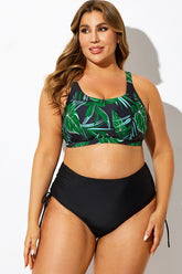 Green Plant Print V-Neck Cami Bikini Top