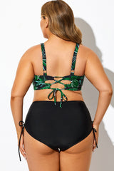 Green Plant Print V-Neck Cami Bikini Top