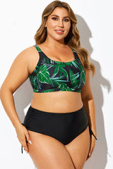 Green Plant Print V-Neck Cami Bikini Top