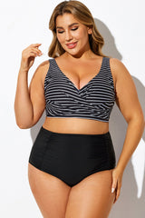 Plus Size Striped V-Neck Tie Back Bikini Top