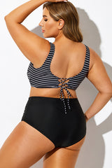 Plus Size Striped V-Neck Tie Back Bikini Top