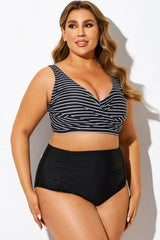 Plus Size Striped V-Neck Tie Back Bikini Top