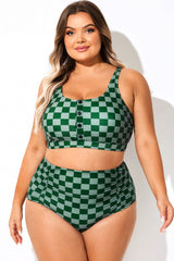 Scoop Neck Green Check Women Bikini Top