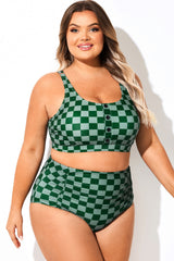 Scoop Neck Green Check Women Bikini Top