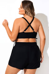Solid Black Drawstring Ruched Crossback Bikini Top
