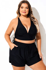 Solid Black Drawstring Ruched Crossback Bikini Top