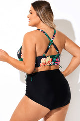 Black Floral Drawstring Ruched Crossback Bikini Top