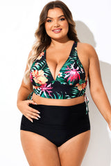 Black Floral Drawstring Ruched Crossback Bikini Top