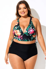 Black Floral Drawstring Ruched Crossback Bikini Top