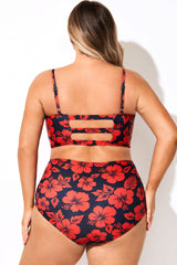 Adjustable Straps Red Floral Print Bikini Top
