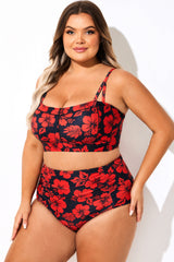 Adjustable Straps Red Floral Print Bikini Top