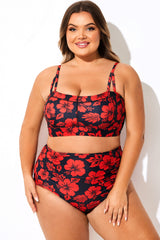 Adjustable Straps Red Floral Print Bikini Top