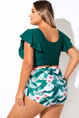 Dark Green Ruffle Trim Wireless Bikini Top