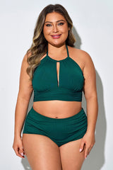 Dark Green Ruched Cut Out Halter Bikini Top